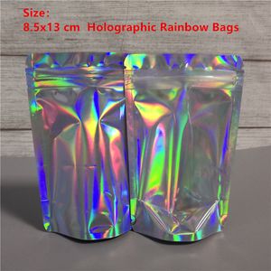 8.5x13 cm holographische Regenbogenfarbe Mylar -Taschen nach Raumversiegelung wiederverschließbare Lebensmittel Safe Taschen