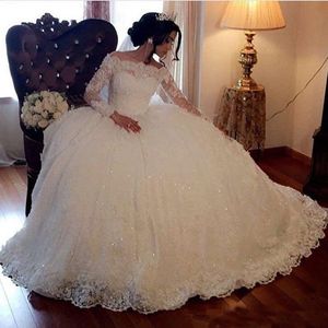 Vintage Ball Gown Wedding Dresses Long Sleeves Lace Appliques Sequins Puffy Arabic Dubai vestidos Formal Church Plus Size Bridal Gowns