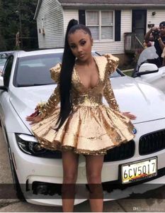 African Sexy Gold Short Cocktail Party Dresses A Line Deep V Neck Sequins Long Sleeve Ruffles Mini Prom Gowns Homecoming Dresses Cheap