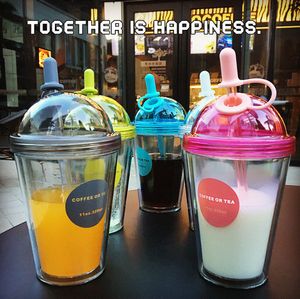 The latest 3 sizes Drinkware, 15 kinds of patterns to choose creative double-layer plastic straw cup milk tea coffee couple juice