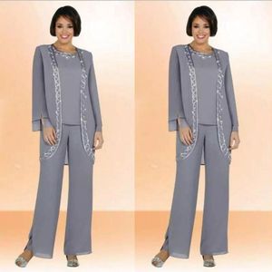Modest Chiffon Jewel Long Mother Of The Bride Pant Suits With Long Sleeve Jacket Cheap Embroidery Formal Suits Custom Made310I