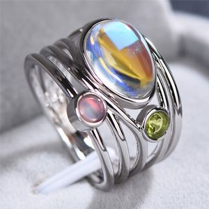 Crystal Female Big Moonstone Ring Fashion 925 Sterling Silver Rose Gold Wedding Jewelry Promise Love Engagement Rings For Women