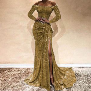 Luxury Gold Burgundy Mermaid Prom Dress Lace Appliques Sexig Slit Sequined Off Shoulder Evening Gowns Långärmade Formella Klänningar 2020