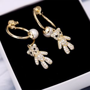 Bellissimi orecchini a bottone con pendente di perle di orso di cartone animato con zirconi di diamanti per donna, ragazze, stilista di lusso, in argento 925