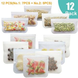 12pcs / 세트 가방 서리 낀 PEVA 실리콘 신선한 유지 가방 재사용 가능한 냉동고 지퍼 누설 방지 톱 과일 점심 상자