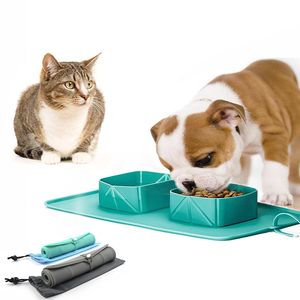 Outdoor Portable Multi Food Grade Folding Silicone Antiskid Cat Pet Mat Dog Double Bowls & Feeders Eating Drinking Dogs Supplies HA135