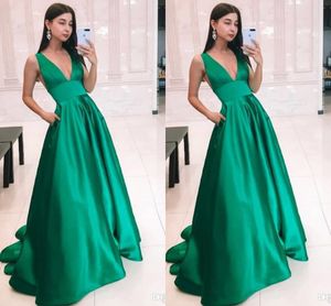 Cheap Simple Green A Line Evening Dresses Deep V Neck Floor Length Satin Party Gowns Formal Dress robes de soirée vestidos de fiesta