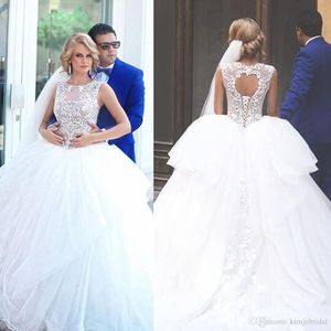 Ball Gown Wedding Dresses Vintage Lace Appliques Pearls Puffy Tulle Floor Length Bridal Dresses Vestidos de Noiva