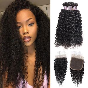 Indiskt hår Kinky Curly Wave 3 Mänskliga hårbuntar med stängning Peruvian Virgin Hair Wefts