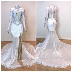 New Sexy Mermaid Long Prom Dresses High Neck See Through Appliques Lace Beaded Side Split Sweep Train Formal Party Dress Evening Gowns