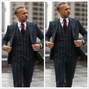 Halat Çizgili Erkek Damat Düğün Suit Damat 3 adet Yaka Örgün Çalışma Balo Ofisi Blazer Ceket (Ceket + Yelek + Pantolon) Peaked