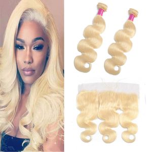 Brazilian Virgin Hair 2 Bundles With 13X4 Lace Frontal Body Wave 613# Blonde Human Hair Extensions Blonde 10-30inch