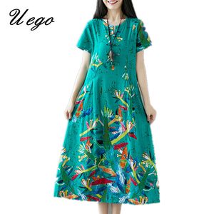 UEGO bawełniana lniana luźna letnia sukienka moda drukowania kwiatowy chiński styl sukienka 2019 New Arrival Women Casual Midi Dress Y19052901