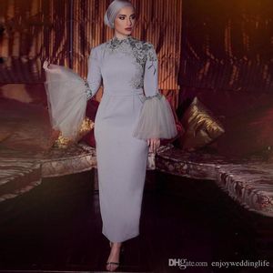 Akşam gri kılıf mücevher boyun dantel aplikeler robe de soiree resmi İslami Dubai Kaftan Suudi Arap Balo Elbise Vestidos