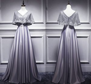 Fjäril långärmad grå kväll klänningar formell lång 2020 spets pärlstav mantel dubbla v-hals klänningar kväll bär prom mor till bruden