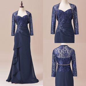 Navy Blue Lace Chiffon 2019 Mother Of The Bride Dresses With Jacket Beaded Draped Floor Length Elegant Formal Evening Dress Mother Of Bride
