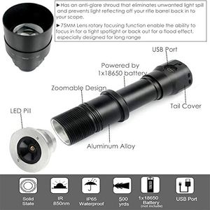 Freeshipping USB Rechargeable T75 IR 940nm LED Flashlight Infrared Light Zoom Torch with 67,50,38mm Convex Lens Heads Kit SET