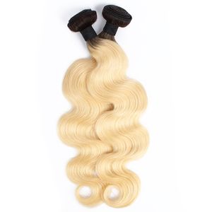 Brasilianska Ombre Blond Body Wave Hair Weave Bundles B Dark Roots Peruanska Indiska Malaysiska Human Hair Extensions Bundles tum