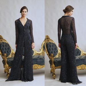 Wholesale mother of the bride sequin pant suits for sale - Group buy Sequined Lace Jumpsuits Mother of the Bride Pant Suits V Neck Mothers Groom Dress With Long Sleeve Wedding Guest Gowns