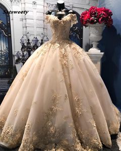 Dubai Light Champagne Lace Wedding Dress Appliques Floral Puffy Bridal Gowns Pearls Beaded Wedding Dresses Vestido De Novia