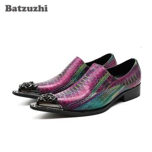 Batzuzhi 이탈리아어 럭셔리 남자 신발 지적 철 발가락 정식 남자 드레스 신발 화려한 파이썬 패턴 가죽 파티 결혼식 신발