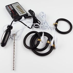 Spina uretrale del pene Electro Shock Sounding Barella Dilatatore in acciaio inossidabile con spina anale E-Stim Cock Ring Giocattoli elettrici del sesso Y191112