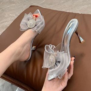 High PVC Crystal Women Bowtie Transparent Stiletto Middle Heel Fashion Lady Outdoors Open Toes Sandals Non-slip Slippers 1664