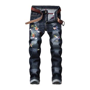 Men's Jeans Mens Style Floral Embroidery Full Length Denim Pants Straight Runway Fashion Washed Elastic Trousers