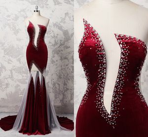 Wholesale unique evening gowns for sale - Group buy Burgundy Velvet Unique Neckline Prom Evening Gowns Crystal Beads See Though Back And Skirt Pageant Dress Cocktail Party Special Occasion