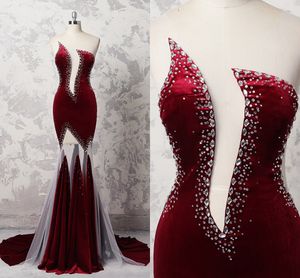 Burgundy Velvet Unique Neckline Prom Evening Gowns Crystal Beads See Though Back And Skirt Pageant Dress Cocktail Party Special Occasion