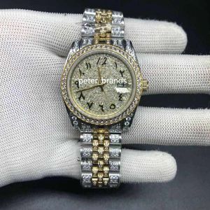 Quadrante con numeri arabi con diamanti pieni Orologio da donna taglia 36MM Orologio ghiacciato di lusso Orologio automatico da donna con diamanti bicolore in oro argento e oro