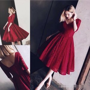 2019 Vintage Dark Red Lace Prom Dresses A Line V Neck 1/2 Half Sleeves Tea Length Formal Ocn Wear Evening Ball Gown Custom Made 403 403