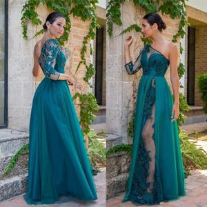 New Arrival Hunter Suknie Wieczorowe Jedno Ramię Wielopięciowy Długi Rękaw Illusion Lace Aplikacje Wysokie Split Długie Wieczór Prom Suknie Szaty