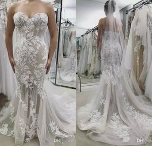 2019 Abiti da sposa a sirena Sweetheart Applicazioni in pizzo Sweep Train Abito da sposa country su misura con velo Abiti da sposa taglie forti