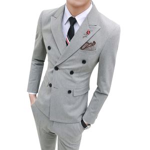 Brand New Light Grey Groom Tuxedos Double-Breasted Groomsmen Suknia Ślubna Doskonała Kurtka Mężczyzna Blazer 3 Piece Suit (Kurtka + Spodnie + Kamizelka + Krawat) 58