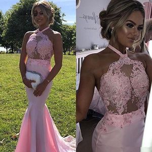 Custom Made Mermaid Evening Dresses Pink Prom Dresses Halter Neck Appliques Beaded Sexy Party Gowns Long Satin Girls A102