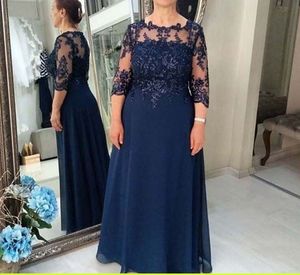 Navy Blue Plus Size Mother Of The Bride Dresses With Sleeves Sheer Neck Chiffon Lace Wedding Guest Dress 2020 Cheap Mom Evening Wear