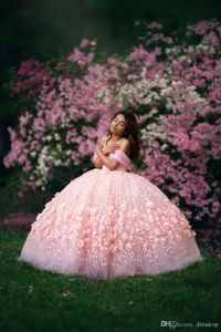 Pink Ball Gown Flower Girl Dresses for Wedding 2020 Off The Shoulder Lace Beaded Girls Pageant Dress First Communion Gowns Party Wear