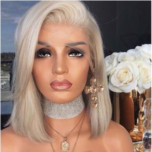 Hotselling Seitenteil perruque gerade platinblonde Perücke hitzebeständige synthetische Lace-Front-Perücke Babyhaar Silber kurze Bob-Perücken für Frauen