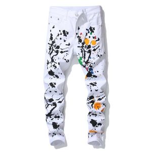 Homens impresso calças brancas designer graffito splash tinta tinta cor rua moda legal calça de algodão legal para homens