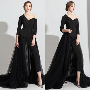 Jumpsuit kväll svarta klänningar med överskjolar lång ärm två stycken formella prom klänningskamlar de soire