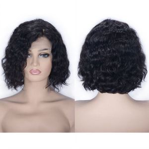 Mongolian Virgin Hair Lace Front Wig Water Wave Natural Color Side Part Human Hair Short Bob Wigs