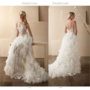 Beautiful Valerio Luna A Line Wedding Dresses Jewel Sleeveless Backless Lace Applique Ruffles Wedding Gowns Sweep Train robe de mariée