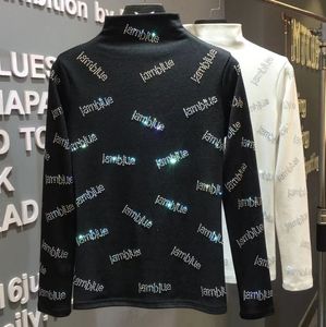 Våren nya kvinnors turtleneck långärmad ull bomull mjuk stretchig tyg strass bokstäver mönster shinny bling t-shirt topps smlxlxxl