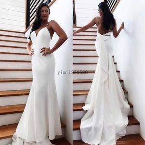 2020 Simple Mermaid Dresses Spaghetti Straps Back Sash Bow Sweep Train Chiffon Beach Wedding Bridal Gown Vestido De Novia 403 403