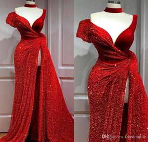 Nyaste arabiska aso ebi mörka röda sjöjungfrun kvällsklänningar sequined high split formella klänning kväll festklänningar vestidos robe