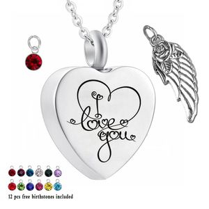 'Ti amo' 12 pezzi Birthstone Urna di cristallo Collana Cuore Memorial Keepsake Ciondolo Titolare Cenere Cremazione Gioielli per ceneri