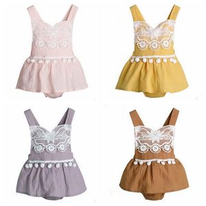 Baby Summer Rompers Girls Cotton Linen Suspenders Jumpsuits Kids Falbala Ruffle Triangle Bodysuits Child Solid Color Lace Playsuits ZYQA465