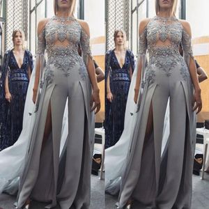 2019 Skromne srebrne kombinezony Prom Dresses Sheer Halter Front Split Pantsuit Suknie wieczorowe Party Suknie Plus Rozmiar Robes De Soirée