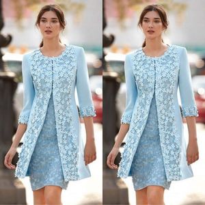 Stunning 2019 Light Blue Mother of the Bride Lace Dresses with Jacket Jewel Neck Sheath Floral Lace and Satin Short Wedding Guest 299p